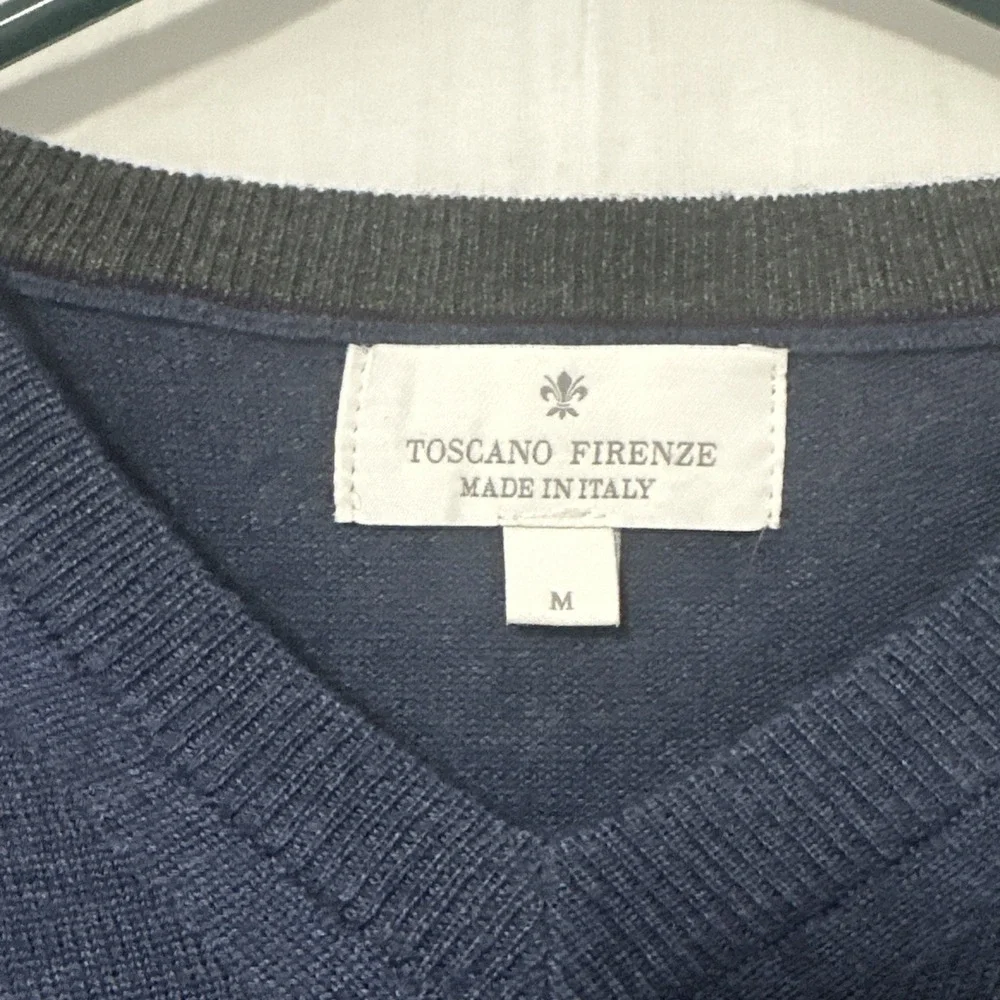 Toscano Firenze Men's Med Italy 100% Merino Wool Navy Blue V-Neck Sweater Hike